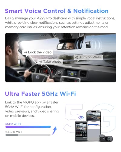 VIOFO A229 Pro 4K HDR Dash Cam Front and Rear, Dual STARVIS 2 Sensors | 4K Front and 2K Rear, IMX678 & IMX675 sensors, 5GHz Wi-Fi, GPS, Voice Control, Buffered 24H Parking Mode, Night Vision 2.0