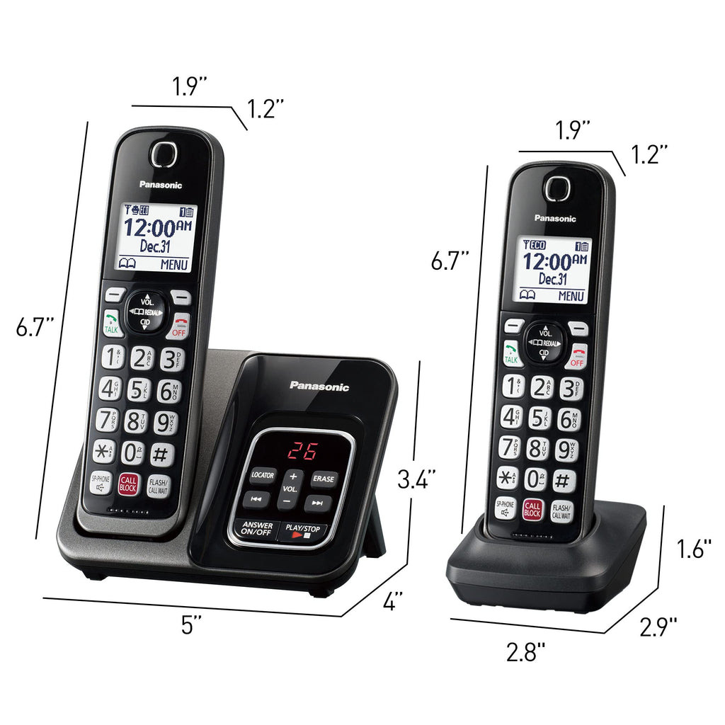 Panasonic Cordless Phone with Answering Machine, 2 Handsets Landline Phone | Home phones landline cordless featuring an answering machine, call block and caller ID, Metallic Black, KX-TGD832M