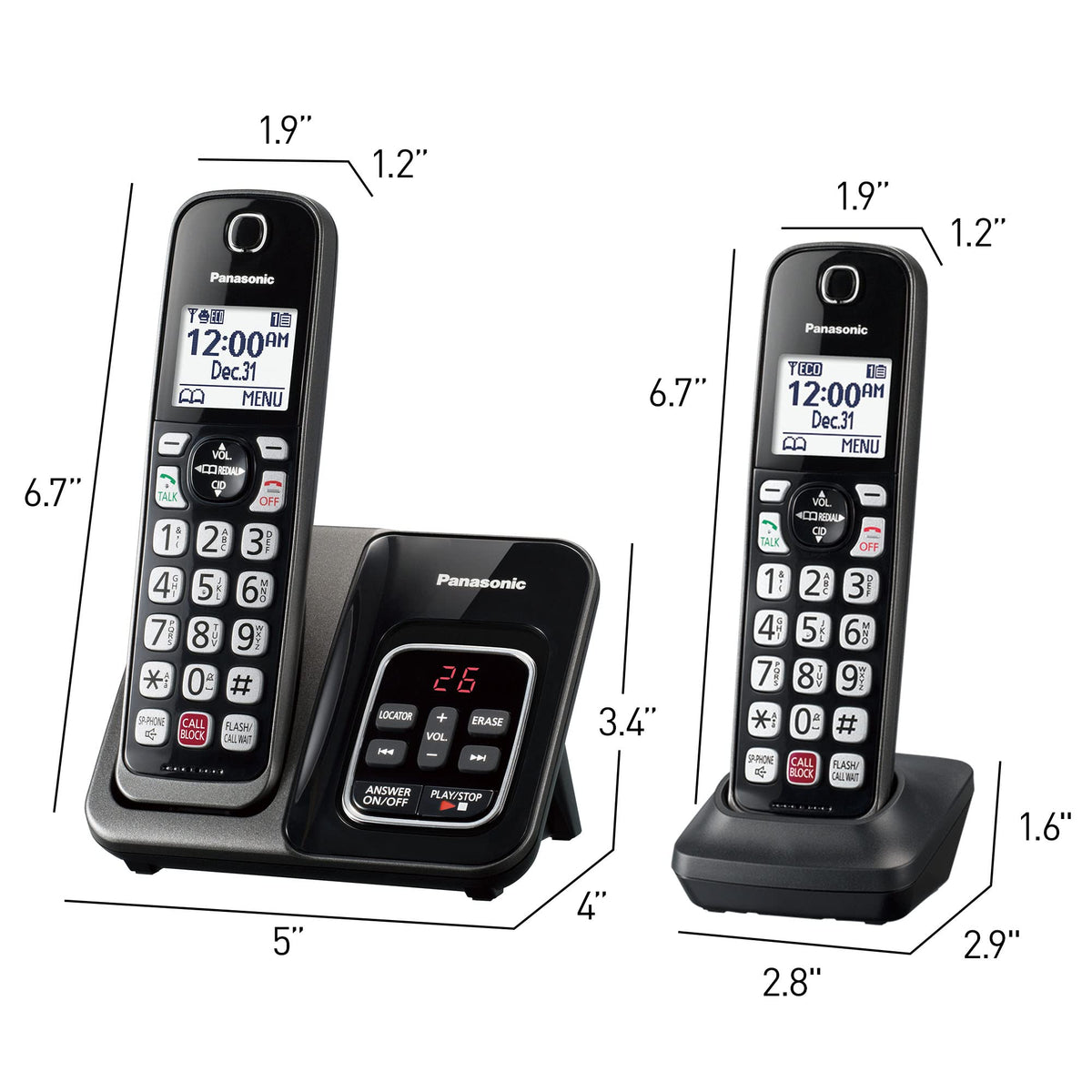 Panasonic Cordless Phone with Answering Machine, 2 Handsets Landline Phone | Home phones landline cordless featuring an answering machine, call block and caller ID, Metallic Black, KX-TGD832M