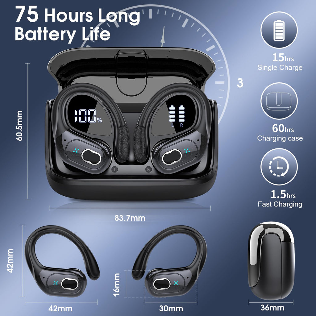 Wireless Earbuds 75H Bluetooth 5.4 Sport Headphones with Earhooks, Black | IPX7 Waterproof In-ear Buds Feature ENC Noise Cancelling Mic & Deep Bass. Stereo Sound Device for Gym Running Workout
