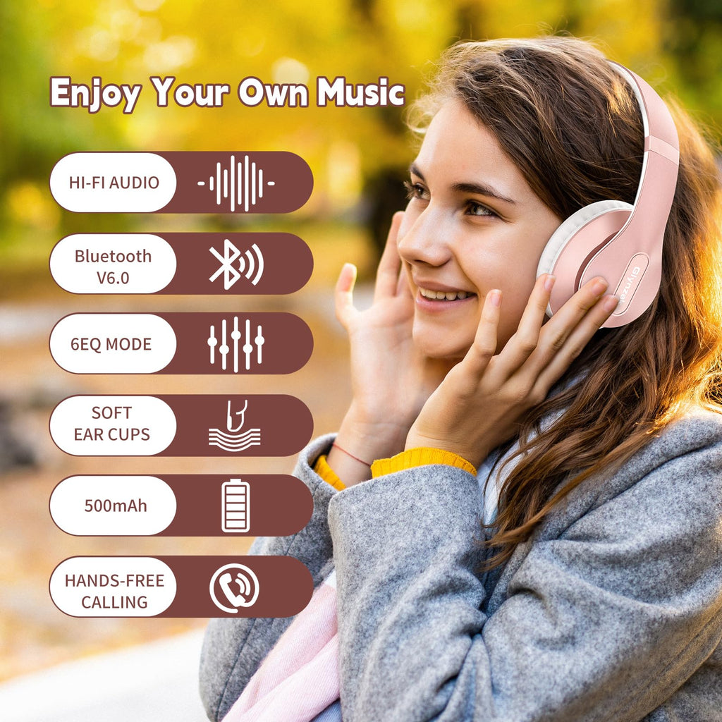 Glynzak Wireless Bluetooth Headphones Over Ear V6.0 HiFi Stereo with Mic | 65H Playtime 6EQ Modes Foldable Bluetooth Headset with Microphone for Travel Smartphone Computer Laptop Rose Gold