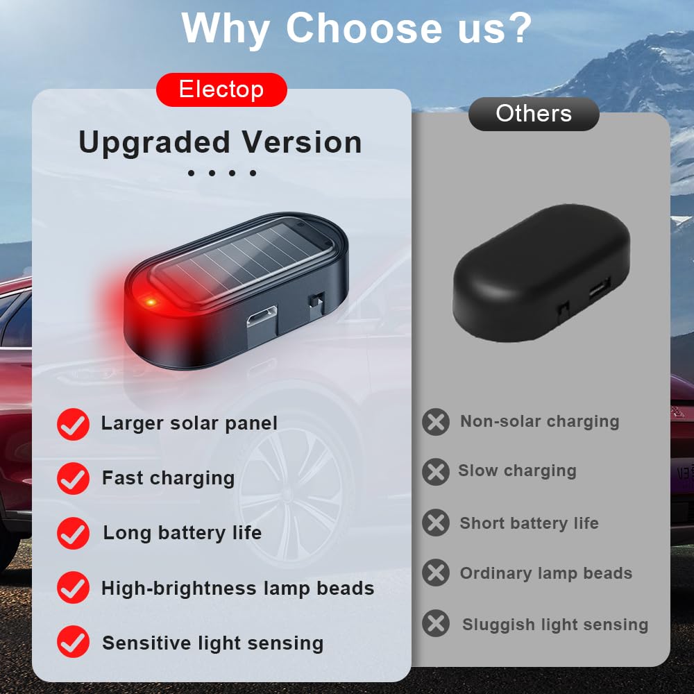 ELECTOP Car Solar Power Simulated Dummy Alarm, Anti-Theft LED Flashing Security, Automotive Warning Safety Light with USB Charging Port, 2PCS (Red)