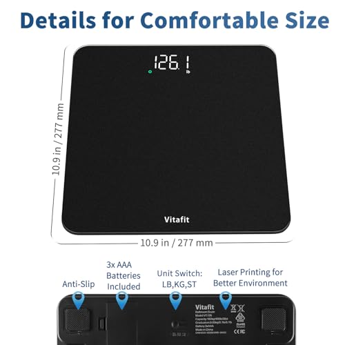 Vitafit Bathroom Scale for Body Weight Accuracy 0.1lb, Weight Scale 400lb | Professional Factory Since 2001 Digital Weighing Scales for Weight, Step On and 3xAAA Included, LED, Spray Silver Black