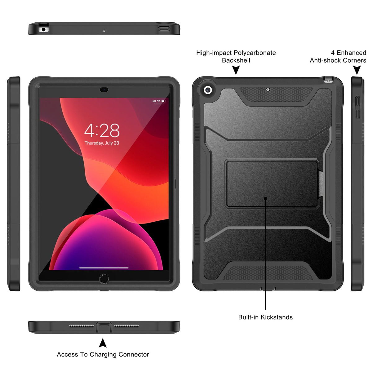 Soke Case for iPad 9th/8th/7th Generation 10.2-Inch - Black | Built-in Screen Protector and Kickstand, Rugged Full Body Protective Cover for Apple iPad Gen 9/8/7 2021/2020/2019