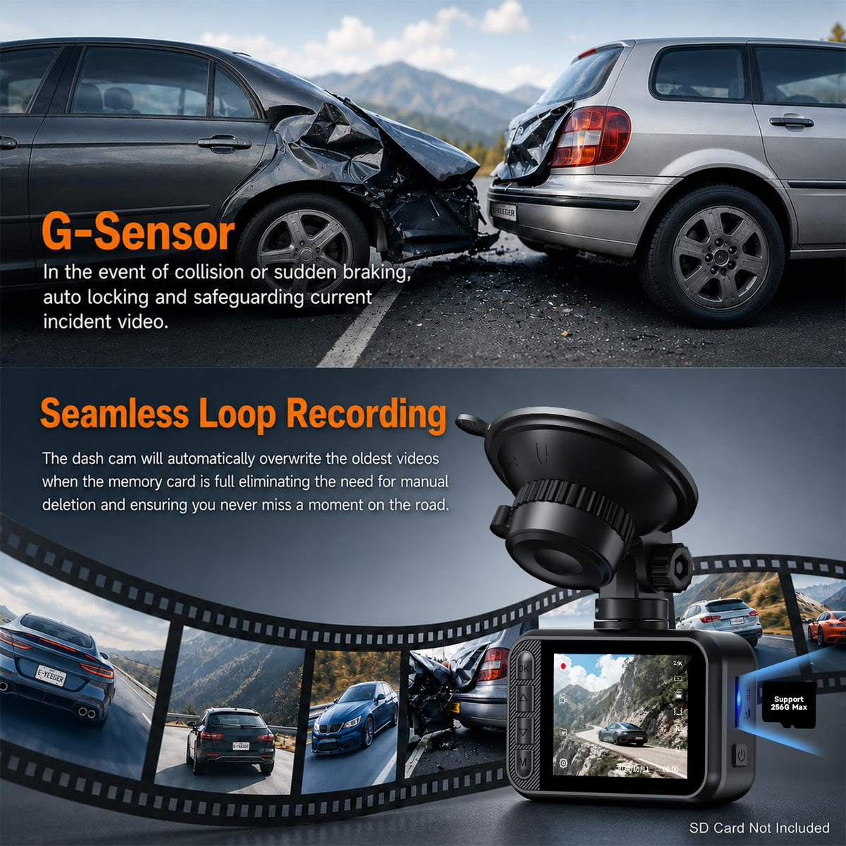 Dash Cam Front and Rear for Cars, 2.5K+1080P Dual Camera with 2" Screen | WDR Night Vision, 170° Lens, G-Sensor, Loop Recording, 360° Mount, Mini Design, 256GB Max, 24H Parking, SD Card Not Included