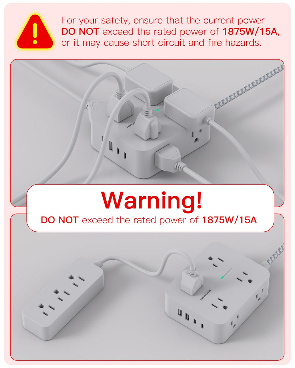 HANYCONY Surge Protector Power Strip, 1080J, 5 Ft Braided Extension Cord | 8 Outlets 4 USB Ports(2 USB C), Outlet Extender, Flat Plug, Wall Mount, Desk Charging Station, Home Office, Dorm Room ETL