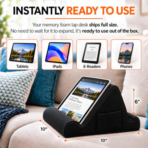 Brookstone Tablet Lap Cushion - Tablet and Phone Holder for Bed, Flights, and Travel, Two Angled Memory Foam Lap Desk for Reading and Hands Free Viewing, Compatible iPad and Kindle Accessories, Black