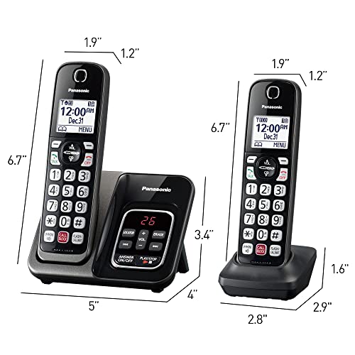Panasonic Cordless Phone with Answering Machine, 2 Handsets Landline Phone | Home phones landline cordless featuring an answering machine, call block and caller ID, Metallic Black, KX-TGD832M