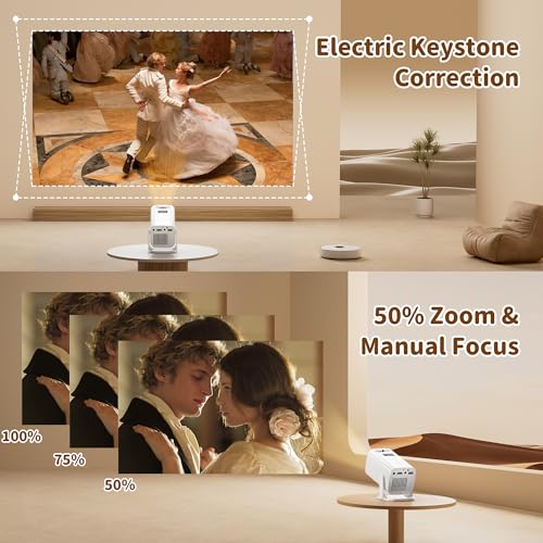 Mini Projector with 4K Support, Portable Short Throw Proyector | Electric Focus&Keystone, 270° Rotatable Stand, Compatible with TV Stick, Phone & Laptop, Holiday Gift Idea