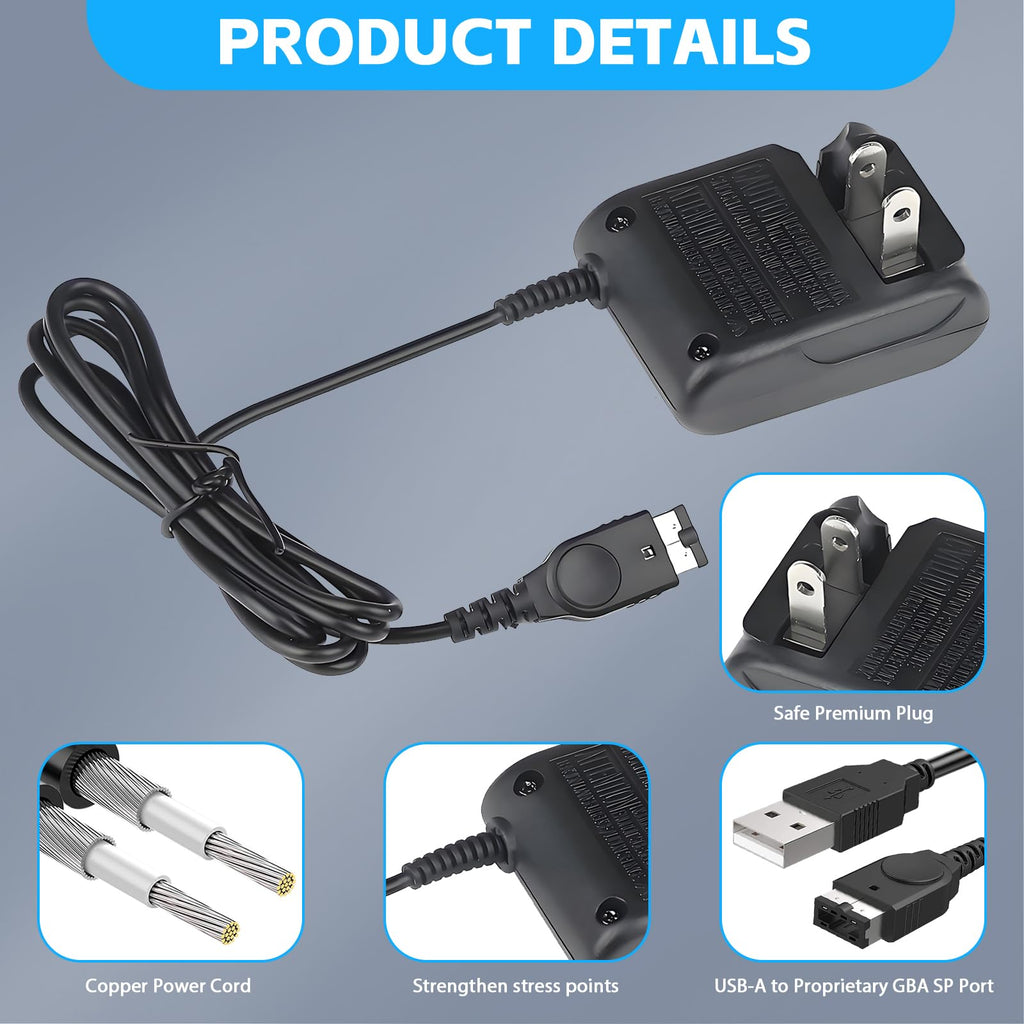 Vranzoral Gameboy Advance SP Charger - AC Wall Adapter & USB Charging Cable Compatible with Nintendo DS/GBA SP Systems, Portable Travel Power Cord for Gaming Accessories