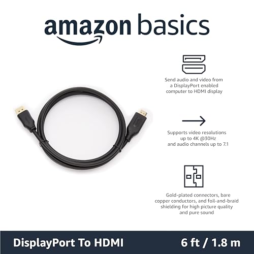 Amazon Basics DisplayPort to HDMI Cable, Uni-Directional, 4K@30Hz, 1920x1200, 1080p, Gold-Plated Connectors for Enhanced Picture Quality and Sound, 6 ft, Black Temp