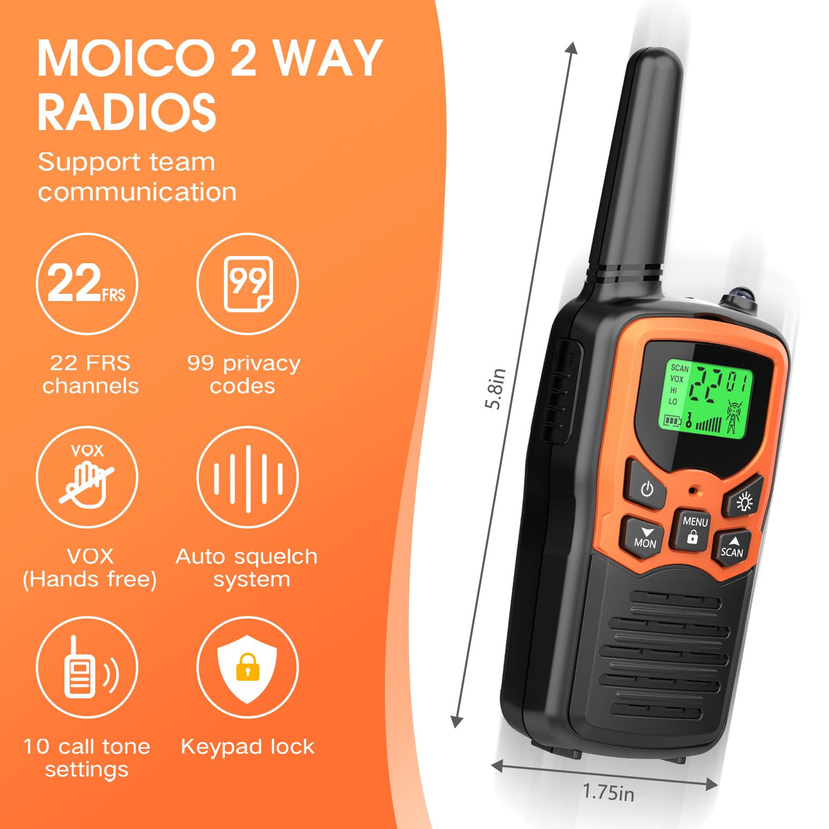 MOICO Walkie Talkies for Adults, 22 Channel Long Range FRS Two-Way Radios | 2 Pack, Compact Portable, LED Flashlight, VOX, LCD Display, Family Use, Hiking, Camping, Outdoor Trips, Cruise
