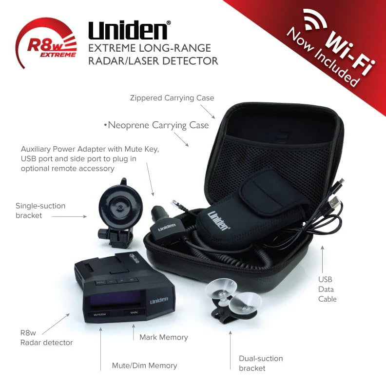 Uniden R8W (new Model) Extreme Long Range Laser/Radar Detector, 360° Awareness, Directional Arrows, Wi-Fi, Bluetooth, GPS, Real-Time Voice Alerts, Red Light & Speed Camera Alerts, R/TACH App