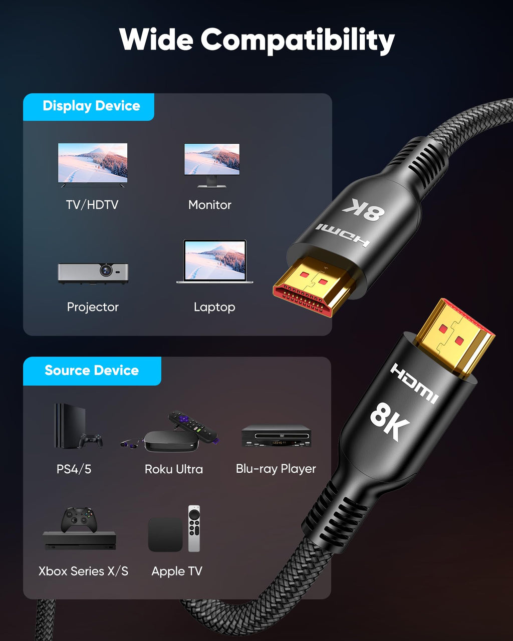 Highwings Long HDMI Cable 20 FT, 10K 8K Ultra HD High Speed 2.1 HDMI 48Gbps | Braided HDMI Cord-4K@120Hz 8K@60Hz, DTS:X, HDCP 2.2&2.3,eARC, HDR 10 Compatible with DVD Player/PS5/HDTV/Blu-ray