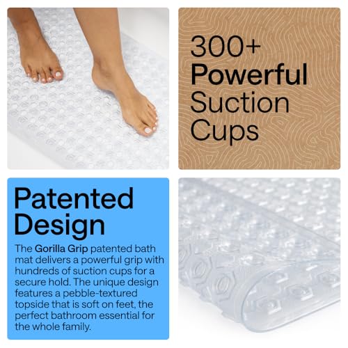 GORILLA GRIP Bath Tub Shower Mat, Bathtub Floor Liner, 35x16 Clear | Patented Large Mats, Machine Washable, Suction Cups and Drain Holes to Keep Tubs Clean, Soft on Feet, Bathroom Essentials