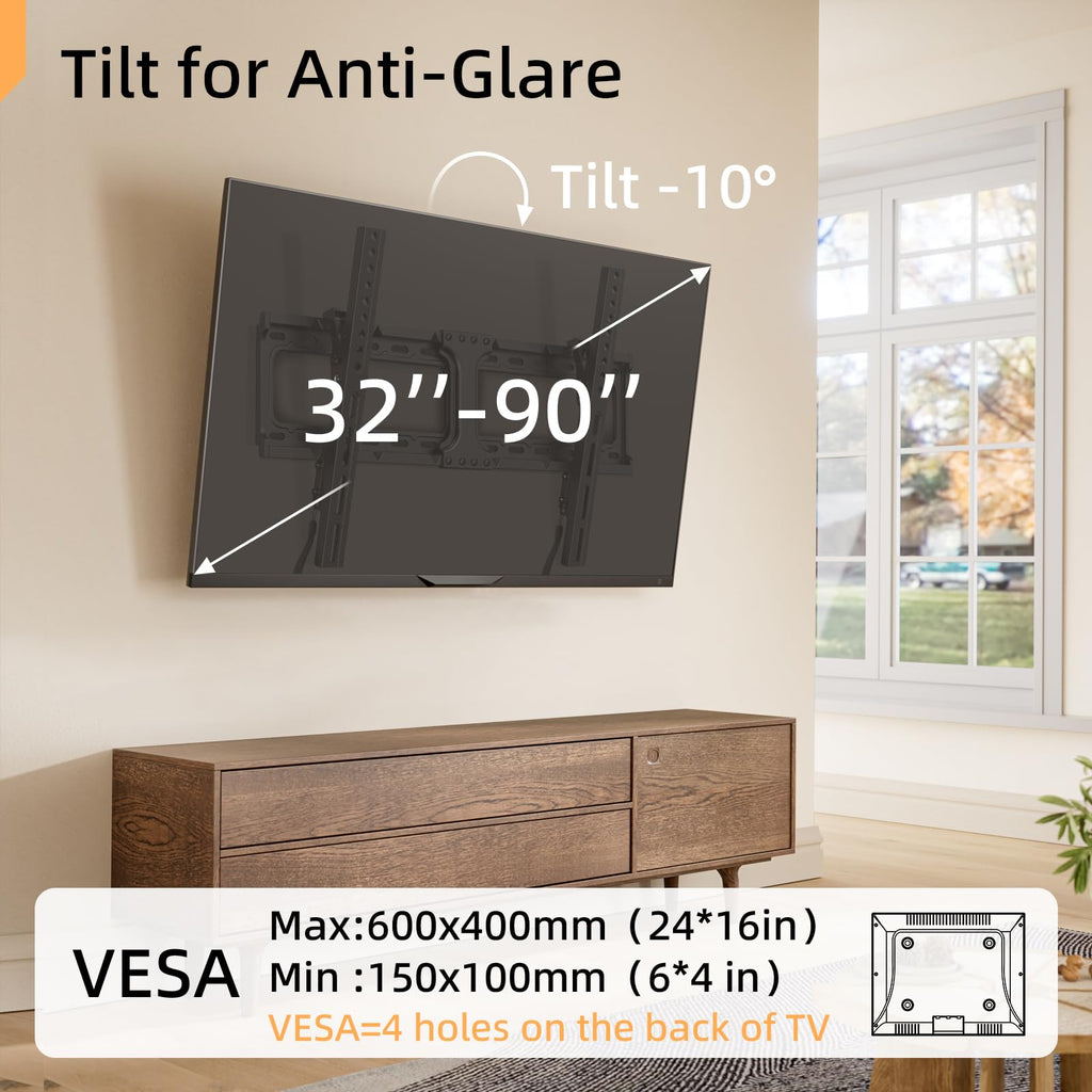 IWORKBOARD 55 65 75 85 inch Tilting TV Wall Mount for 32-90 '' TVs, Low Profile TV Mount Bracket, Safe Lock & Quick Release,Max VESA 600x400mm, 24 inch Studs,132 lbs, Fit Most 55+ 75+ 85+ 86 TVs