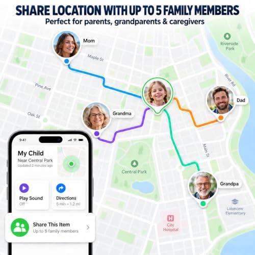 GPS Tracker for Kids with Real-Time Location Tracking & Family Sharing, Apple & Android Compatible, No Monthly Fees & No SIM Card, Wristband & Keychain Included, IP68 Waterproof, Black