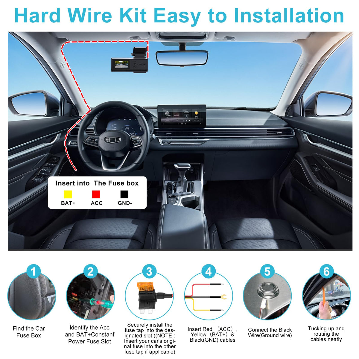 Dash Cam Hardwire Kit USB C, 12V-24V to 5V/3A Adapter Power Cable with Voltage Display, 24/7 Parking Mode, Acc Detection, 4-Level Low Voltage Protection (11.6V/11.9V/12.2V/12.5V)