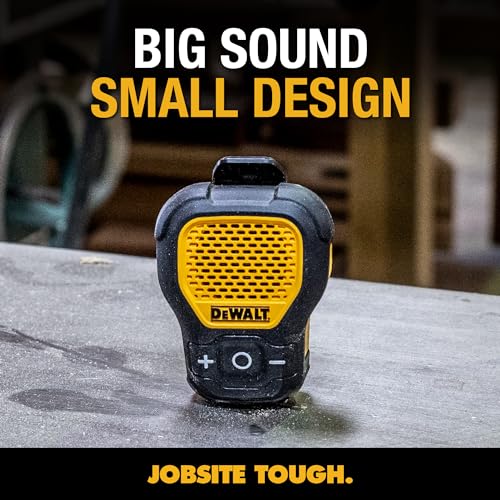 DEWALT Mini Wearable Bluetooth Speaker, Clip-On Jobsite Pro (Yellow) | Water-Resistant Portable Wireless Speaker (Non-Magnetic), Built-in Mic for Hands-Free Music/Calls, Bluetooth Speaker