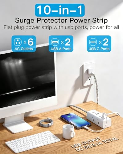 One Beat Surge Protector Power Strip, 5 Ft Flat Plug Extension Cord, 900J | 6 Outlets 4 USB Ports(2 USB C), Wall Mount Outlet Extender Small Power Strip for Travel Home Office College Dorm Room Station