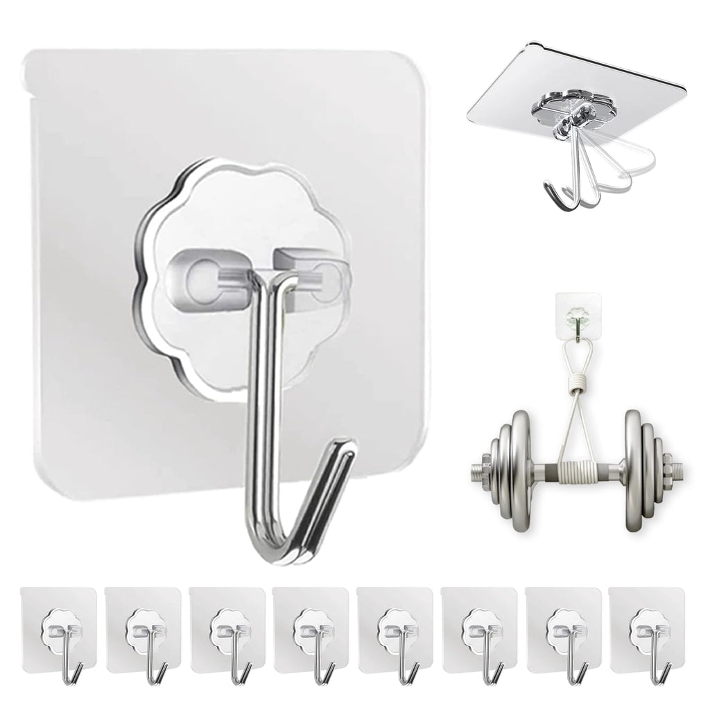 DDMY Adhesive Wall Hooks Clear 50lb(Max) Heavy Duty Hanging Sticky-10 Pack | Heavy Duty Hooks for Walls Hanging 50 lbs No Damage, Waterproof Sticky Transparent Ceiling Hook for Towel/Kitchen/Outdoor