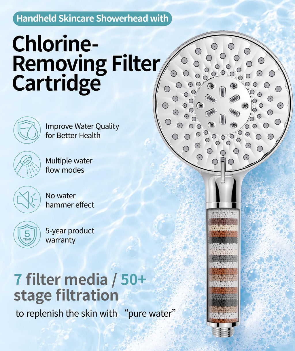 SR SUN RISE Filtered Shower Head with Handheld High Pressure 9 Spray Mode Showerhead Detachable Shower Head Water Softener Filters Beads for Hard Water Remove Chlorine 1 Filter Bright Silver