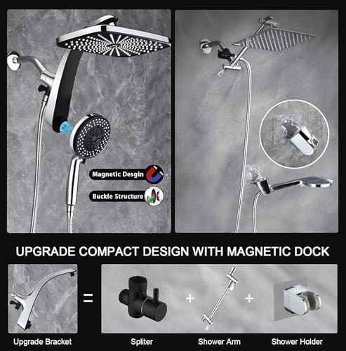 Rain Shower Head with Handheld Showerhead, Chrome 1.8GPM 460311 | 12" High Pressure Rainfall Shower Heads, 9 Sprays Handheld Showerheads, Magnetic Docking, Power Jets, 59" Shower Hose