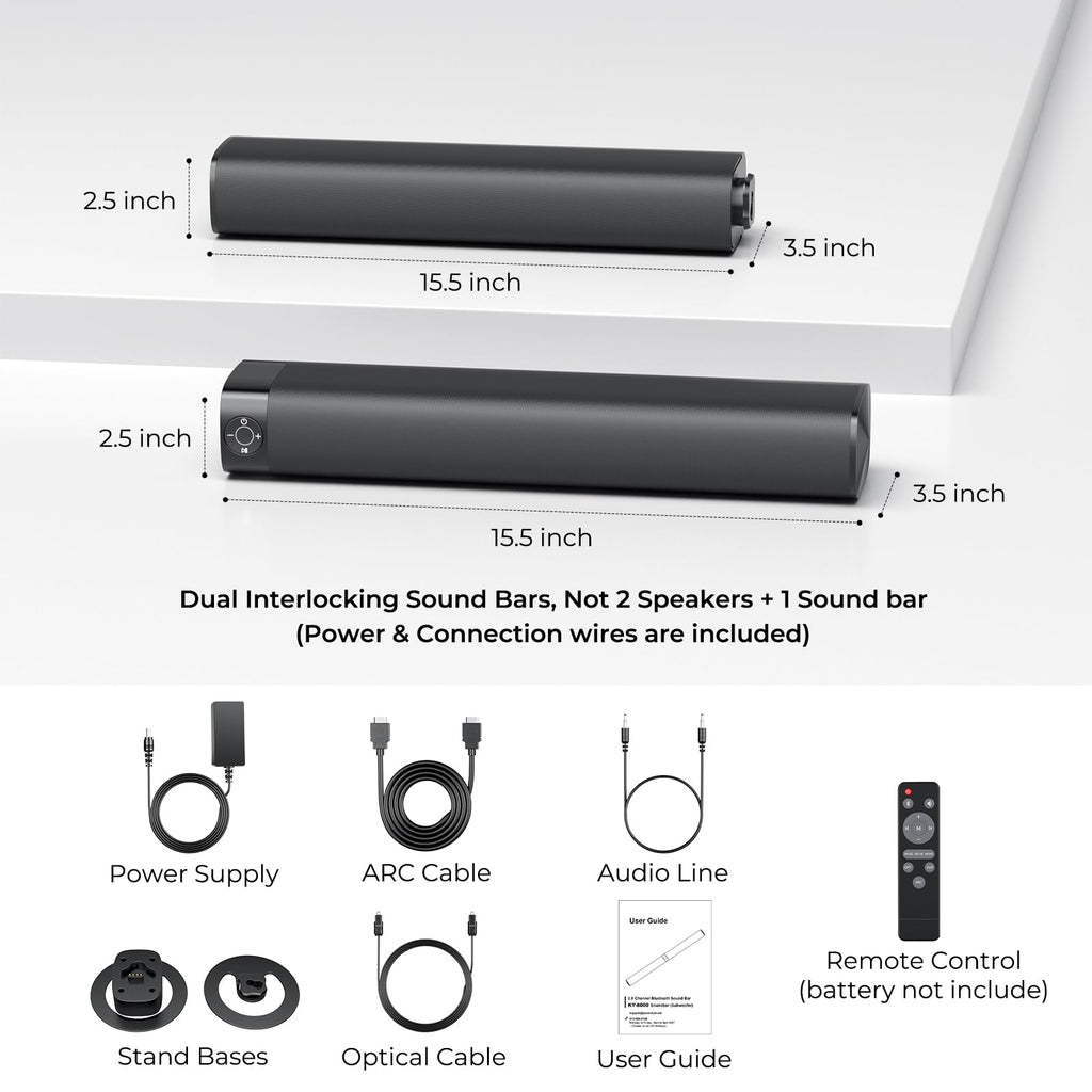 Assistrust Sound Bar for Smart TV, Soundbar with Bluetooth/ARC/Opt/AUX Connect, Auto Volume Boost, 3 Equalizer Modes, 2 in 1 Detachable Soundbar for TV/PC/Gaming/Projectors