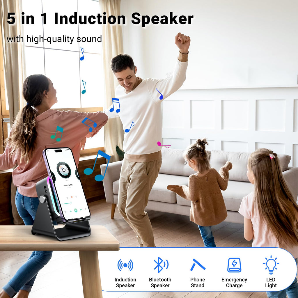 Induction Speaker with Phone Stand 5 in 1 Wireless Bluetooth Audio Black | Phone Speaker Amplifier for iPhone & Android with RGB Light and USB Wired Charging, Birthday Gift for Men Women Teens