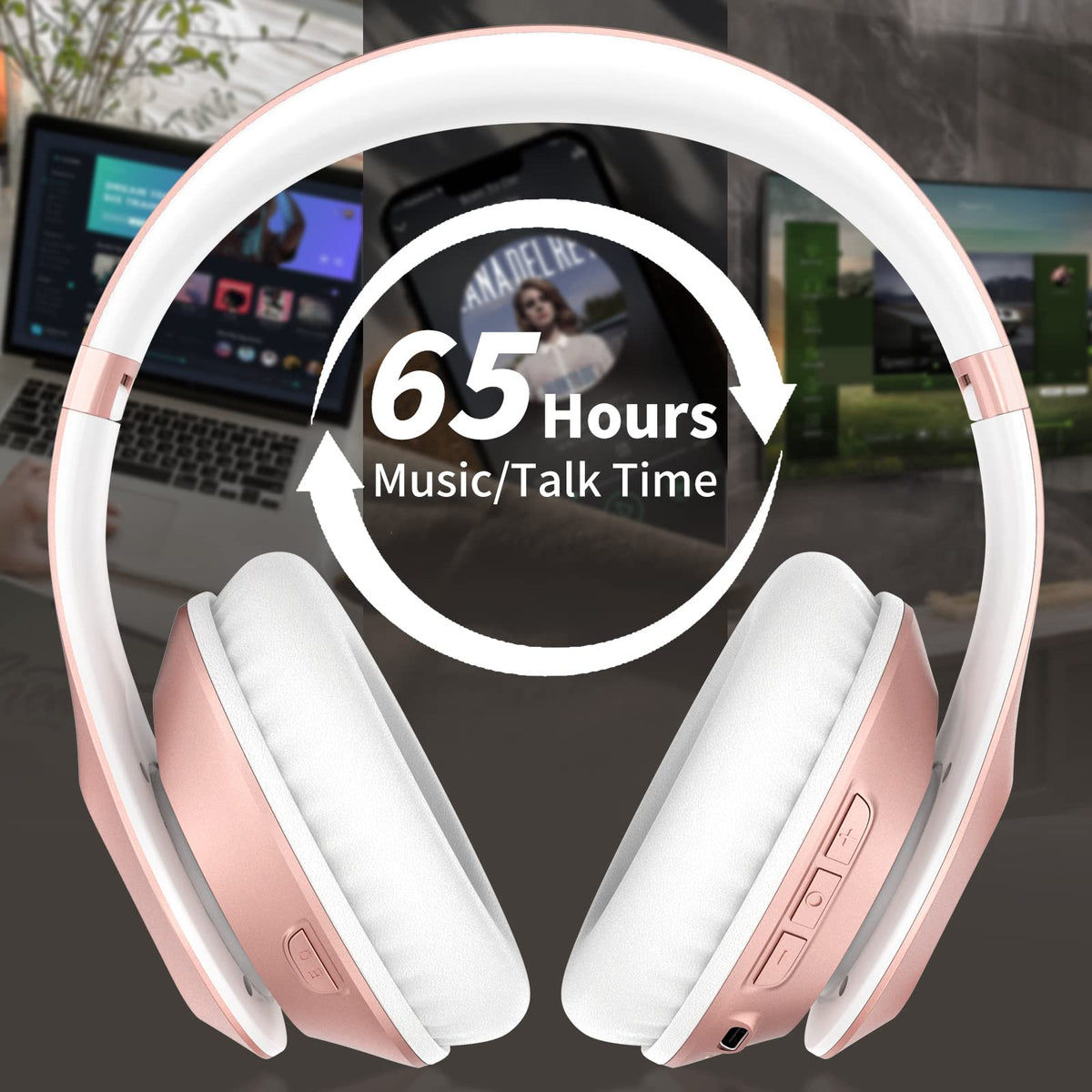 Glynzak Wireless Bluetooth Headphones Over Ear V6.0 HiFi Stereo with Mic | 65H Playtime 6EQ Modes Foldable Bluetooth Headset with Microphone for Travel Smartphone Computer Laptop Rose Gold