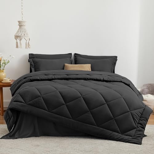 Love's cabin King Size Comforter Set, 7 Pieces Bed in a Bag, Black | OEKO-TEX Certified, All-Season, 1 Down-Alternative Comforter + 1 Flat & Fitted Sheets + 2 Pillowcases + 2 Pillow Shams