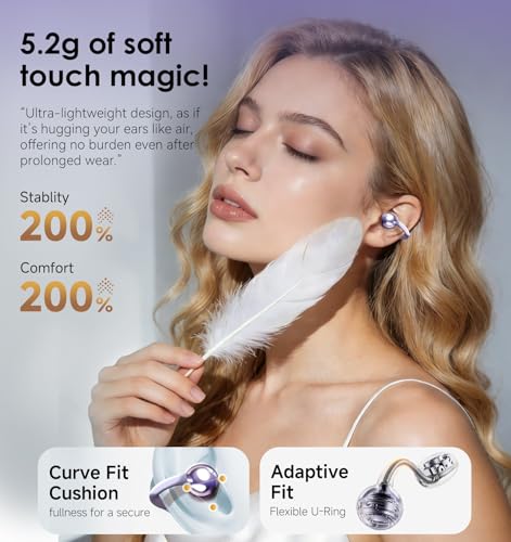 Kinglucky Clip-On Earbuds Gen 3, Open-Ear Wireless Bluetooth 6.0 Headphones with Mic, Secure Fit for Small Ears & Glasses Wearers, 50H Playtime, ENC, IPX5 Waterproof Sport Ear Buds (Purple)