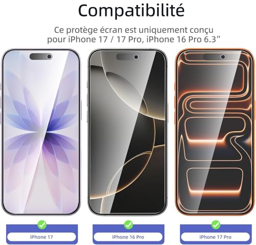 NEW'C for iPhone 17, iPhone 17 Pro, iPhone 16 Pro Screen Protector | 3 Pack, HD Clear, Easy Installation Tool Included, Tempered Glass, 9H Hardness, Scratch Resistant, Bubble Free
