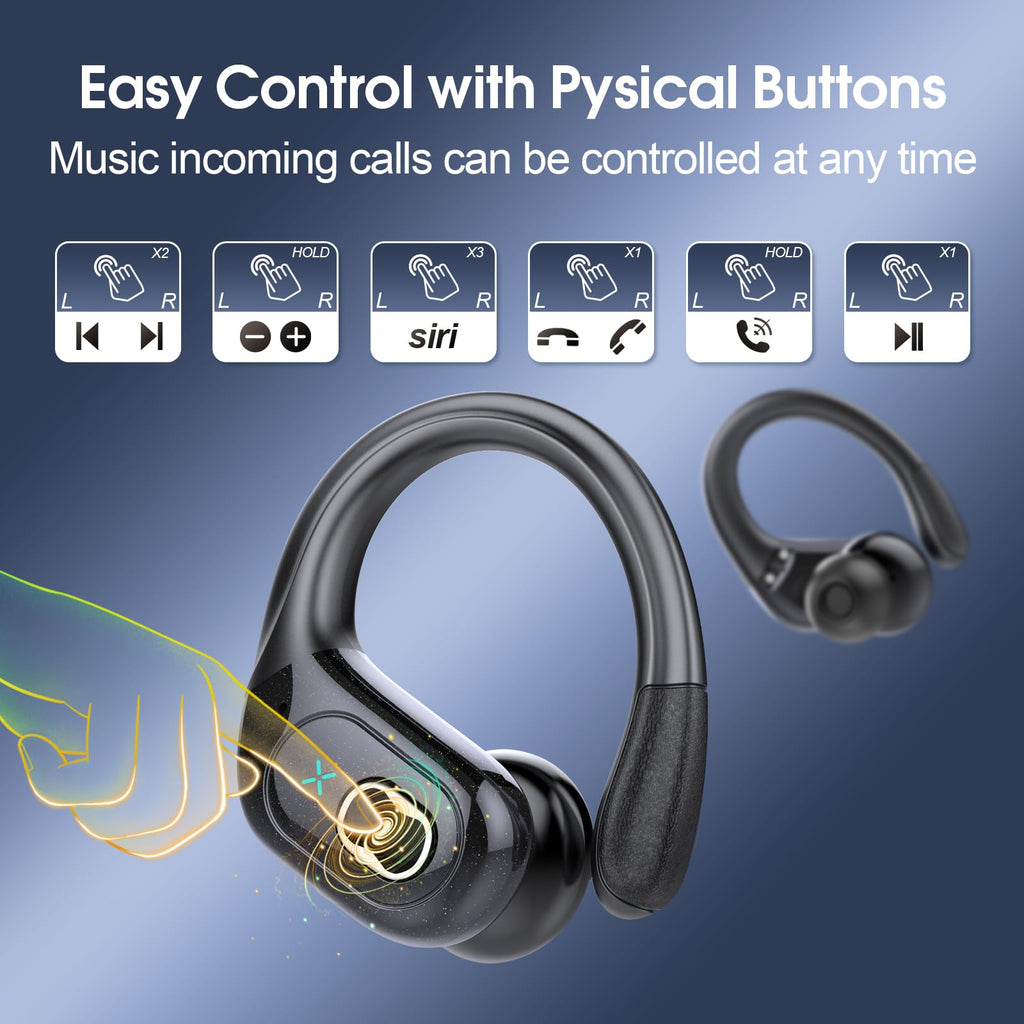 Wireless Earbuds 75H Bluetooth 5.4 Sport Headphones with Earhooks, Black | IPX7 Waterproof In-ear Buds Feature ENC Noise Cancelling Mic & Deep Bass. Stereo Sound Device for Gym Running Workout