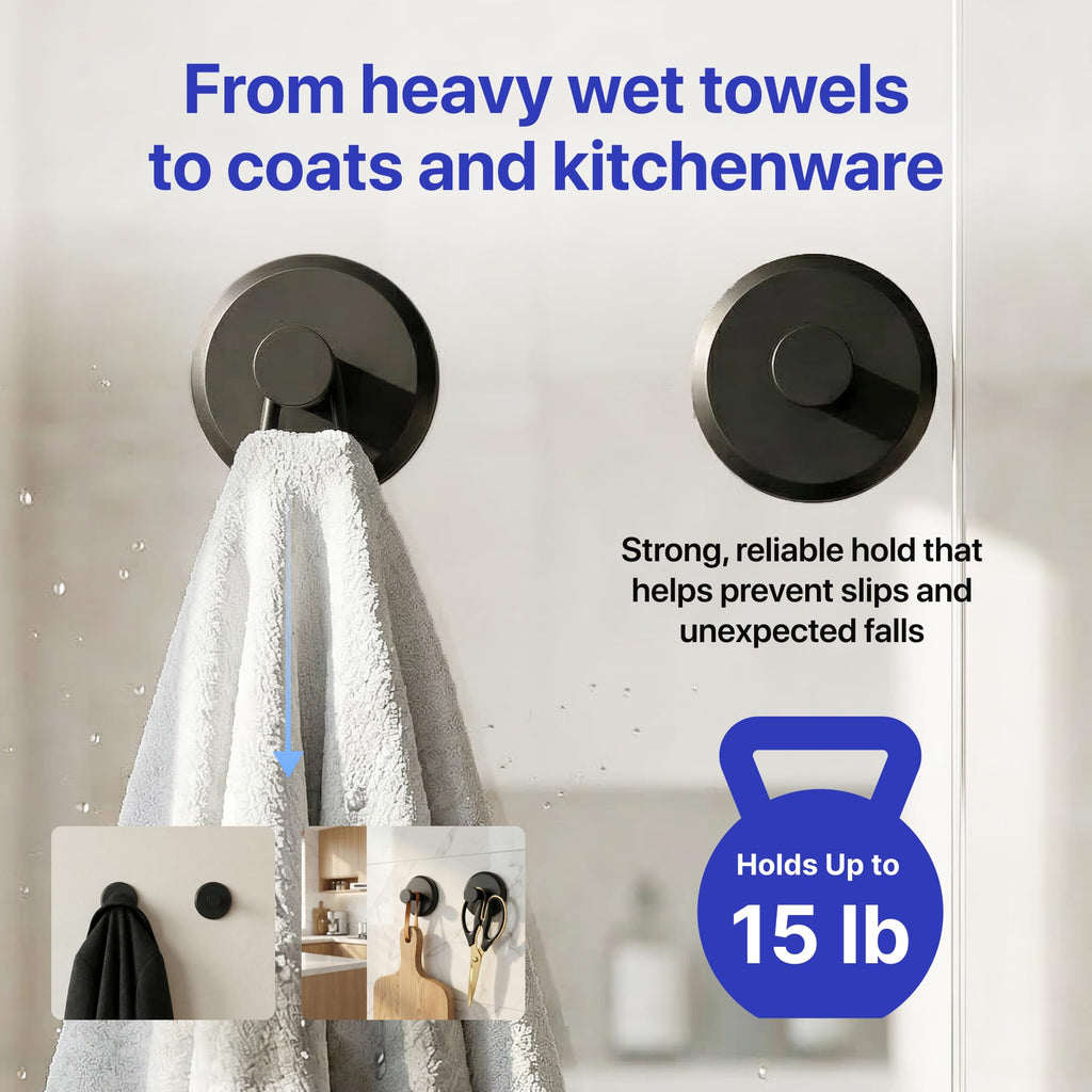 HOME SO Suction Cup Hooks for Shower & Bathroom Towel Holder 2-Pack Black