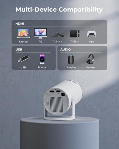 Mini Projector, Portable Projector with Wifi and Bluetooth, Built in Apps | Support 4K 1080P, 180° Rotation, Auto Keystone, Movie Projector Compatible With HDMI/USB/TV Stick/Smartphone/Laptop