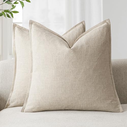 Foindtower Linen Solid Decorative Throw Pillow Covers 20x20 Natural Beige | Pack of 2 Boho Farmhouse Pillowcase,Accent Neutral Cushion Covers,Morden Home Decor for Chair Couch Sofa Bedroom Living Room