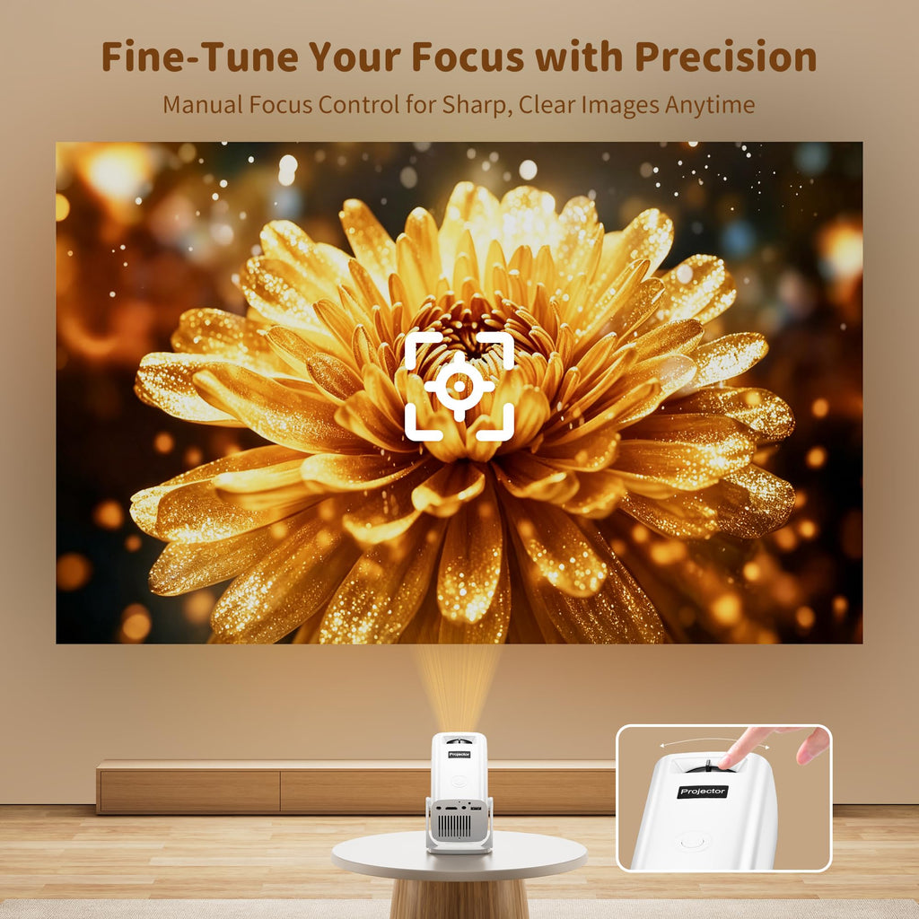 Mini Projector with 4K Support, Portable Short Throw Proyector | Electric Focus&Keystone, 270° Rotatable Stand, Compatible with TV Stick, Phone & Laptop, Holiday Gift Idea