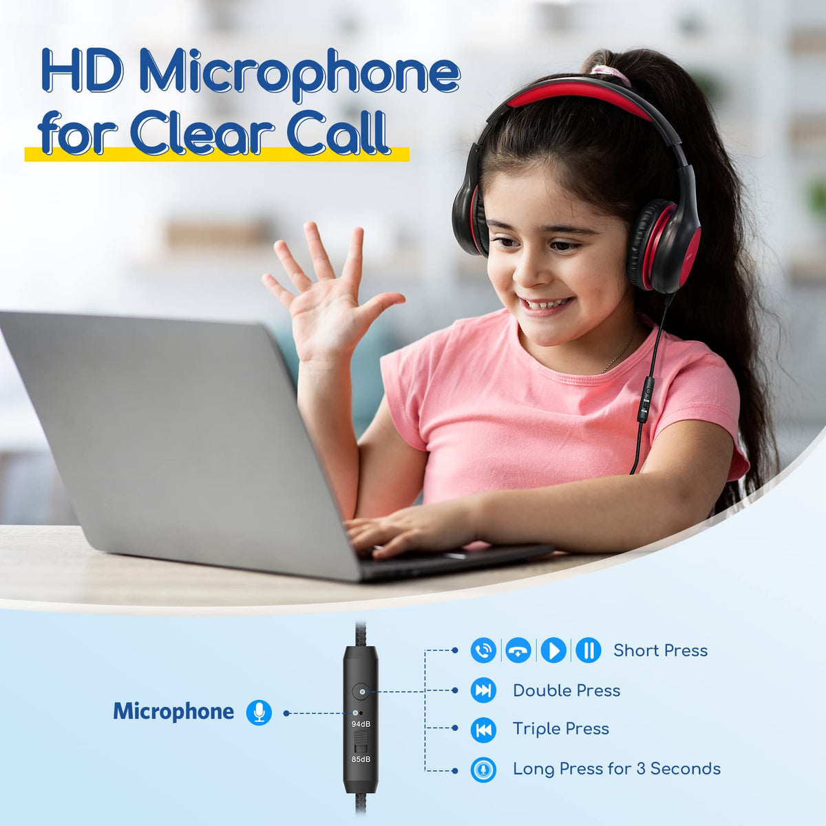 EarFun K1 Kids Headphones Wired with Mic, Volume Limit Headphones for Kids | Portable Wired Headphone with Shareport, Stereo Sound, Foldable Headset for School/Toddler/Tablet/iPad/Kindle, Black Red