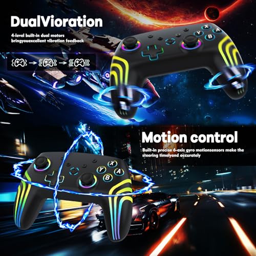MYSTILUCK Wireless Pro Controller for Switch/Switch 2/Lite/OLED/PC | Gamepad with 7 Color-Changing RGB Lighting/Dual Vibration/6-Axis Gyroscope/Turbo, Ergonomically Designed Precise Joystick