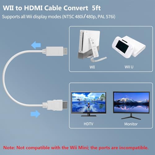 HOXIBSL 5ft WII to HDMI Converter Cable Adapter,for use with Full HD 1080P Devices with an HDMI Port,Compatible with WII,U,HDTV, Monitor (White)