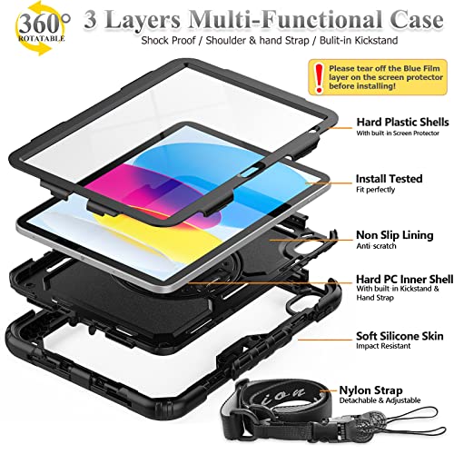 SEYMAC stock Case for iPad (A16) 11th/10th Generation 11''/10.9'' 2025/2022, Full-Body Drop Protection Case with Screen Protector &360° Rotate Hand Strap/Stand, Black