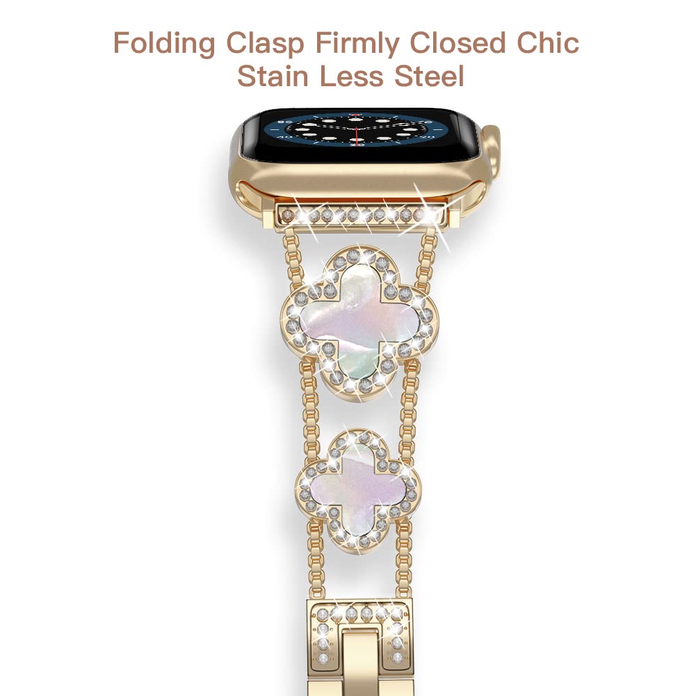 Musk-MSKR Diamond Metal Bands Add Sparkle to Your Watch For Apple Watch Series 11/10/9/8/7/6/5/4/3/2/SE/Ultra Clover Simple and Stylish Compatible with 38mm40mm41mm42mm44mm45mm 46mm49mm Women's Wear