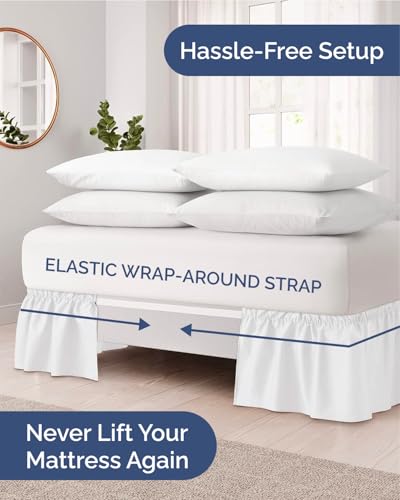 CGK Wrap Around Dust Ruffle Bed Skirt - Queen Size, 15" Inch, White | Easy Fit Elastic Strap, Adjustable Pleated Bedskirt w/Brushed Fabric, Wrinkle & Fade Free, for Women, Men, Kids & Teens