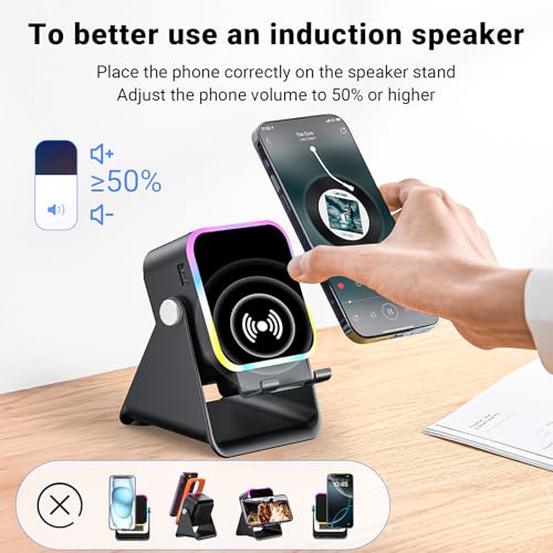 Induction Speaker with Phone Stand 5 in 1 Wireless Bluetooth Audio Black | Phone Speaker Amplifier for iPhone & Android with RGB Light and USB Wired Charging, Birthday Gift for Men Women Teens