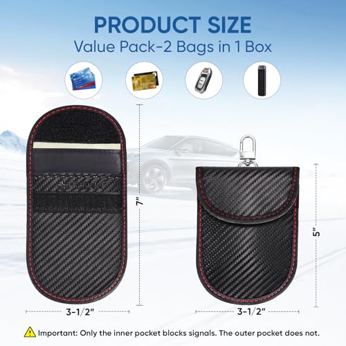 TICONN 2PK Faraday Bag for Car Key Fob, Anti-Theft NFC RFID Blocking Pouch | Protect Against Keyless Car Theft, Dual-Pocket Storage, Water-Resistant Exterior, Secure Keychain Hole, 3 Size Options