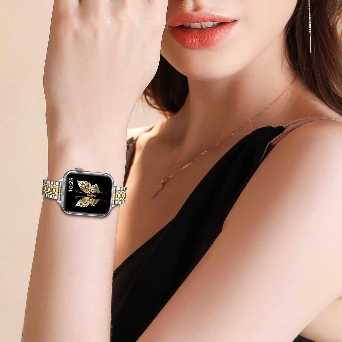 MioHHR Slim Metal Band Compatible with Apple Watch Bands 42/41/40/38mm | Thin Luxury Stainless Steel iWatch Bands Series 12/11/10/9/8/7/6/5/4/3/2/1/SE3/SE2/SE for Women,Silver/Gold