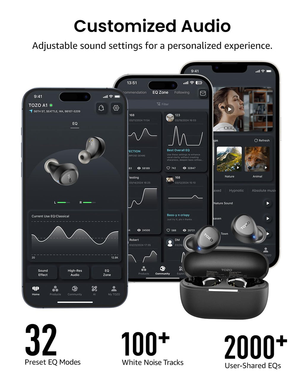 TOZO A1 Wireless Earbuds Bluetooth 5.3 Light Weight in Ear Headphones | IPX5 Waterproof,2 Mics for AI Calls,Immersive Premium Sound Bass Headset with Charging Case,32 EQ via App Black