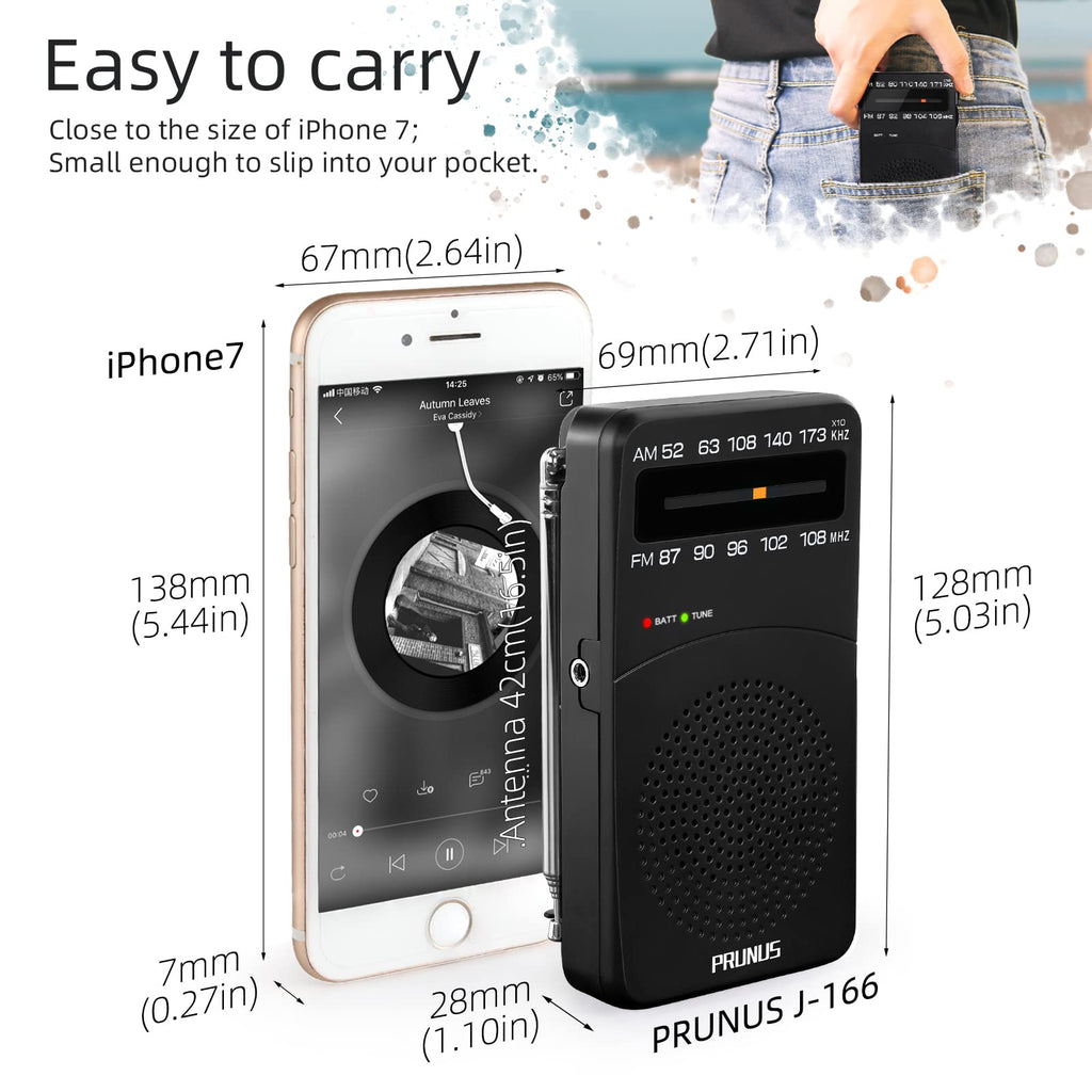 PRUNUS J-166 Portable Radio AM FM, Battery Operated Radio | Tuning Light, Back Clip, Layard, Excellent Reception, AM FM Radios Portable, Transistor Radios
