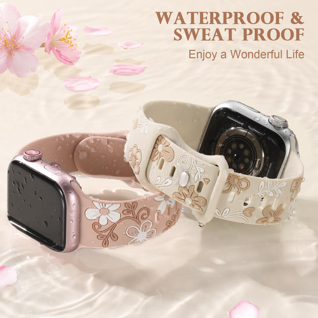 Witzon Floral Silicone Band Compatible with Apple Watch Bands For Women | 40mm 41mm 38mm 42mm 44mm 45mm 46mm 49mm, Engraved Cute Dressy Strap for iWatch Series 12 11 10 9 8 7 6 5 SE Ultra 4 3 2 1